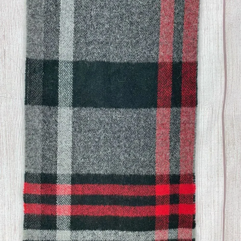 Plaid black red grey scarf with fringe hem 60”x9.5”
